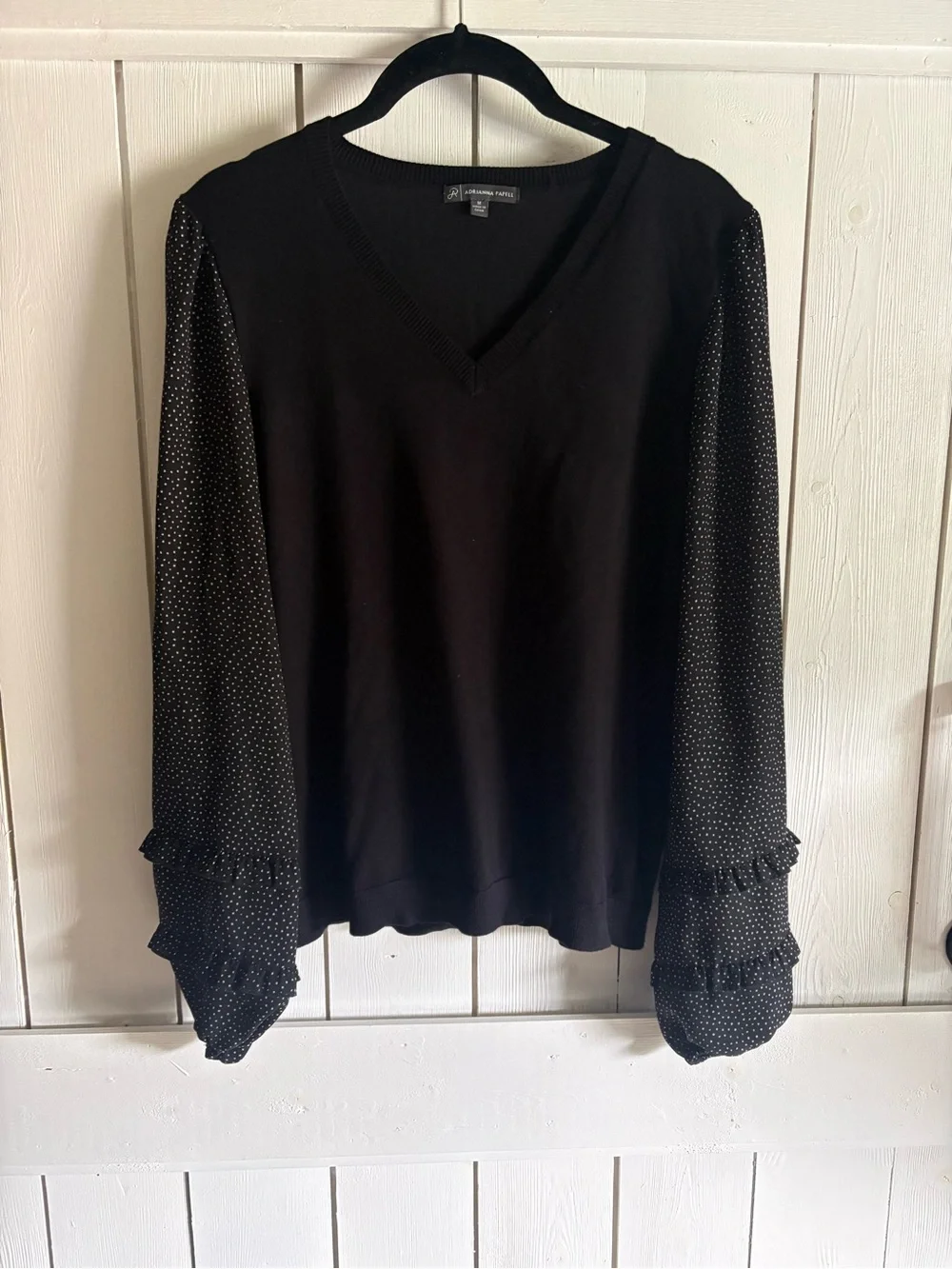 Adrianna Papell Black V-Neck Pullover with Polka-Dot Chiffon Sleeves - Picture 1 of 4